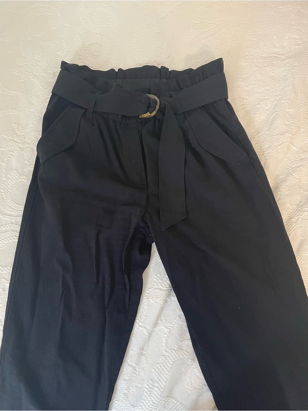 Paperbag Waist Black Women’s Pants with Belt